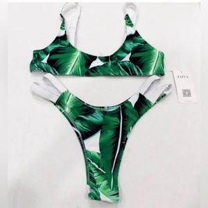 Zaful Women's French Cut Green And White Floral Print Bikini Size 6 NWT